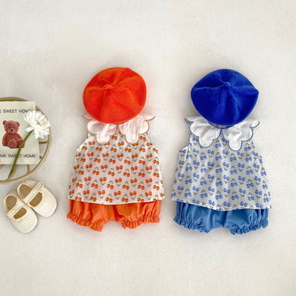 Baby Girl Floral Pattern Ruffle Neck Shirt Combo Shorts Sets