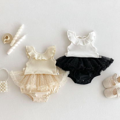 Summer Hot Selling Baby Girls Sleeveless Solid Color Vest and Tulle Patchwork Bloomers Clothing Set