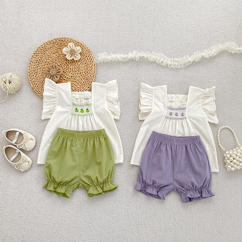 Summer Baby Kids Flowers Pattern Fly Sleeves Top and Plain Shorts Clothing Set for Girls