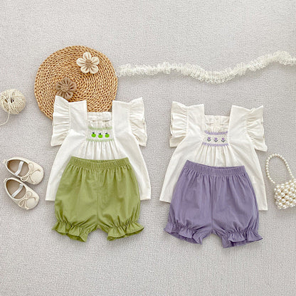 Summer Baby Kids Flowers Pattern Fly Sleeves Top and Plain Shorts Clothing Set for Girls