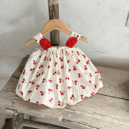 Summer Baby Kids Girls Comfortable Cherry Pattern Strap Top And Solid Shorts Clothing Set