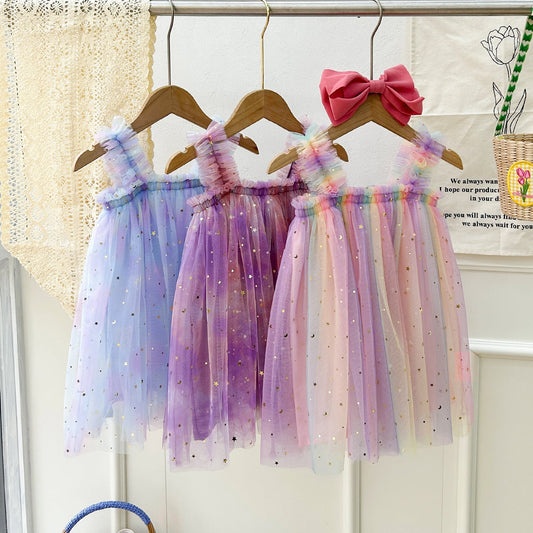 Design Summer Kids Girls Elegant Fairy Style Sequin Mesh Sleeveless Dress