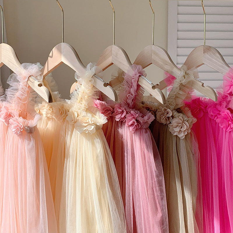 Summer Baby Kids Girls Sleeveless 3D Flowers Mesh Strap Dress