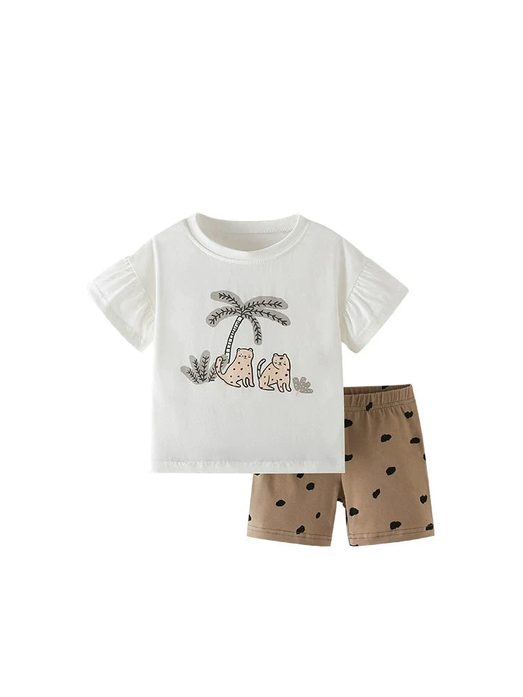 Summer Baby Kids Animals Cartoon Pattern T-shirt and Heart Pattern Shorts Clothing Set for Girls