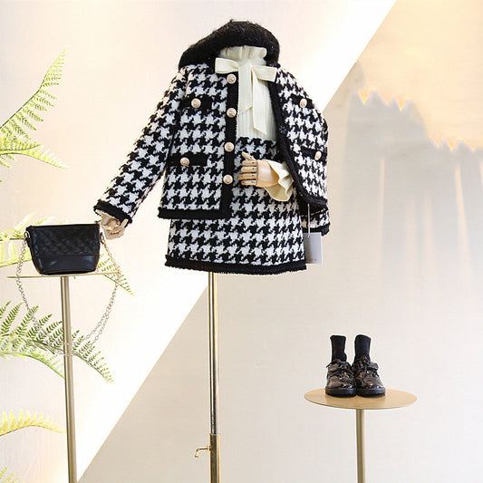 Girls Houndstooth Pattern Single Breasted Cardigan&Skirt Elegant Style Sets