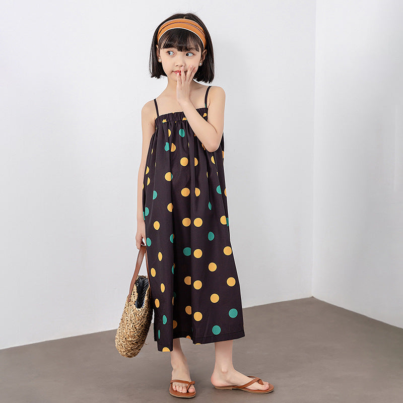 Girls Colorful Polka Dot Pattern Sling Quality Long Dress