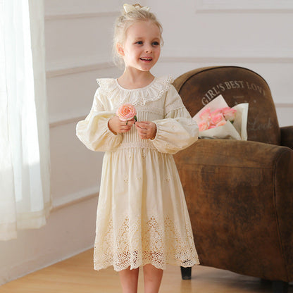 Spring and Autumn Solid Color Long-sleeved Dress with Lace Collar for Stylish Girls