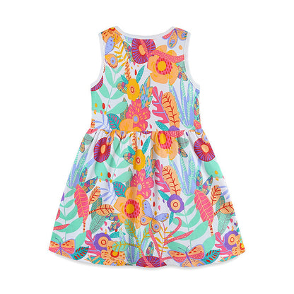 Summer Pure Cotton Cartoon Jungle Floral Pattern Sleeveless Dress for Stylish Girls
