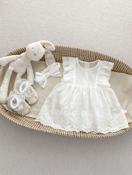 Design Summer Girls Floral Embroidered Hollow Out Short Sleeves Onesies Dress