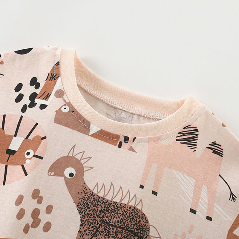 Summer Baby Kids Casual Animals Cartoon Pattern T-shirt and Shorts Clothing Set for Boys