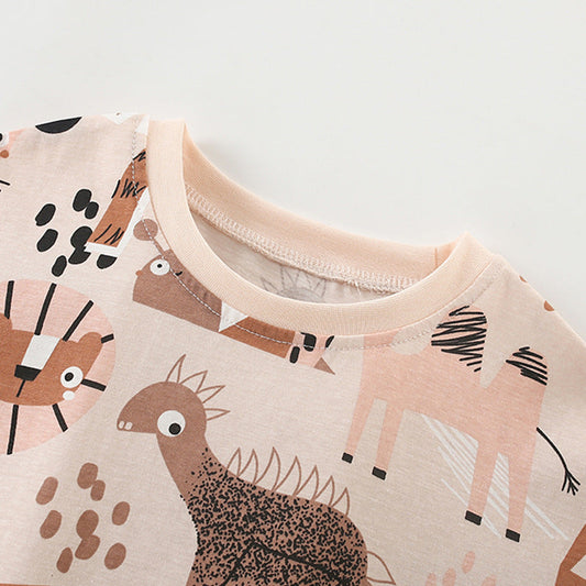 Summer Baby Kids Casual Animals Cartoon Pattern T-shirt and Shorts Clothing Set for Boys