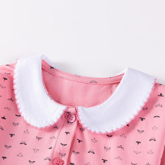 Autumn and Spring Arrival Geometric Pattern Long Sleeves Dress with Peter Pan Collar for Stylish Girls