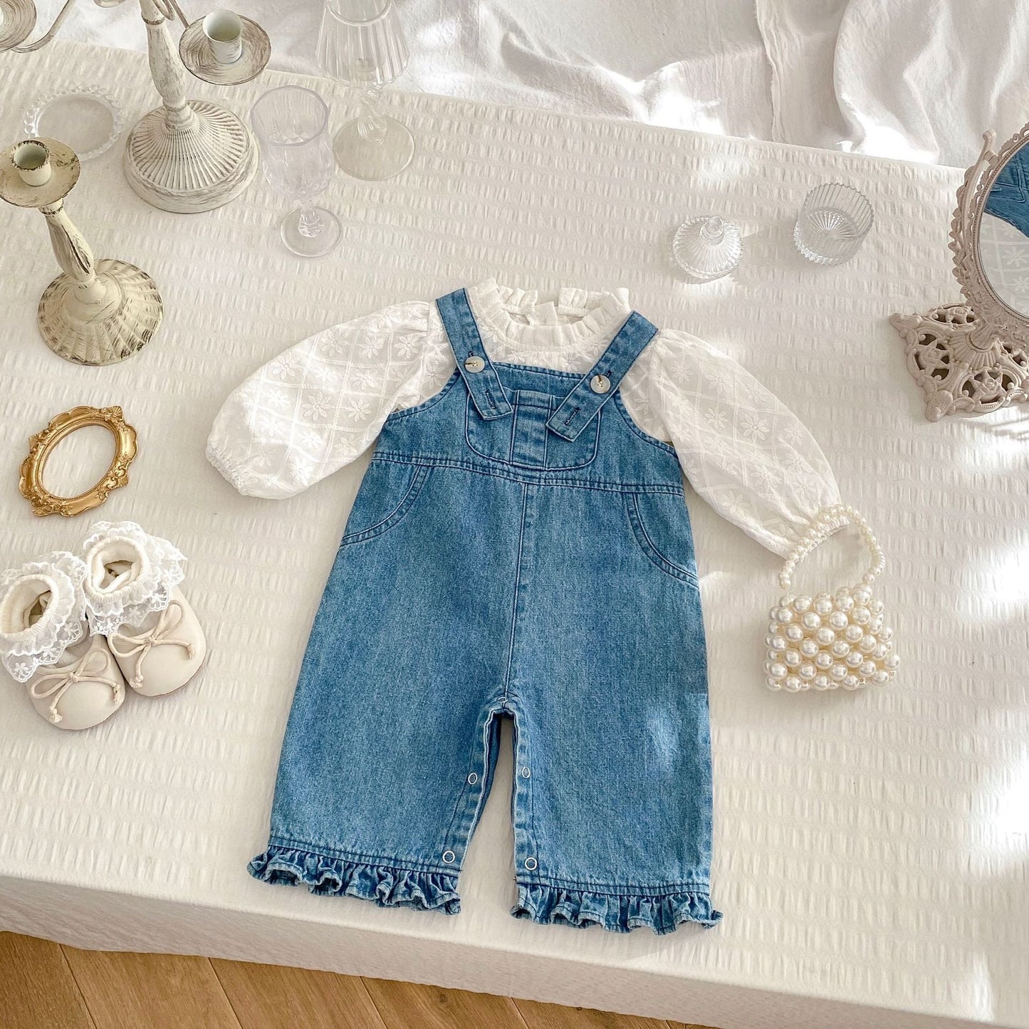 Arrival Spring Girls Long Sleeves Simple Floral Embroidered Top and Denim Overalls Set Clothing Set