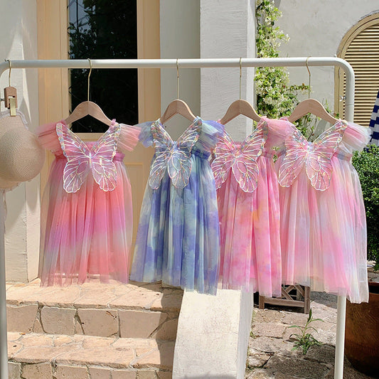 Summer Baby Kids Girls Gradient Fly Sleeves Butterfly Design Mesh Princess Dress