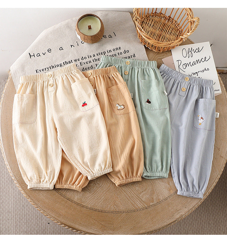 Children’s Summer Breathable Simple Logo Embroidered Pocketed Fashion Casual Pants – Home Trousers
