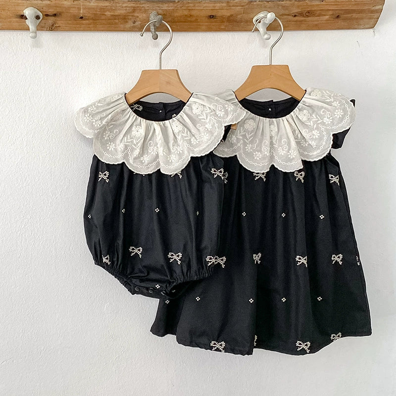 Summer Baby Girls French-style Flowers Pattern Collar Sleeveless Butterfly-bows Embroidered Onesies and Dress – Princess Sister Matching Set