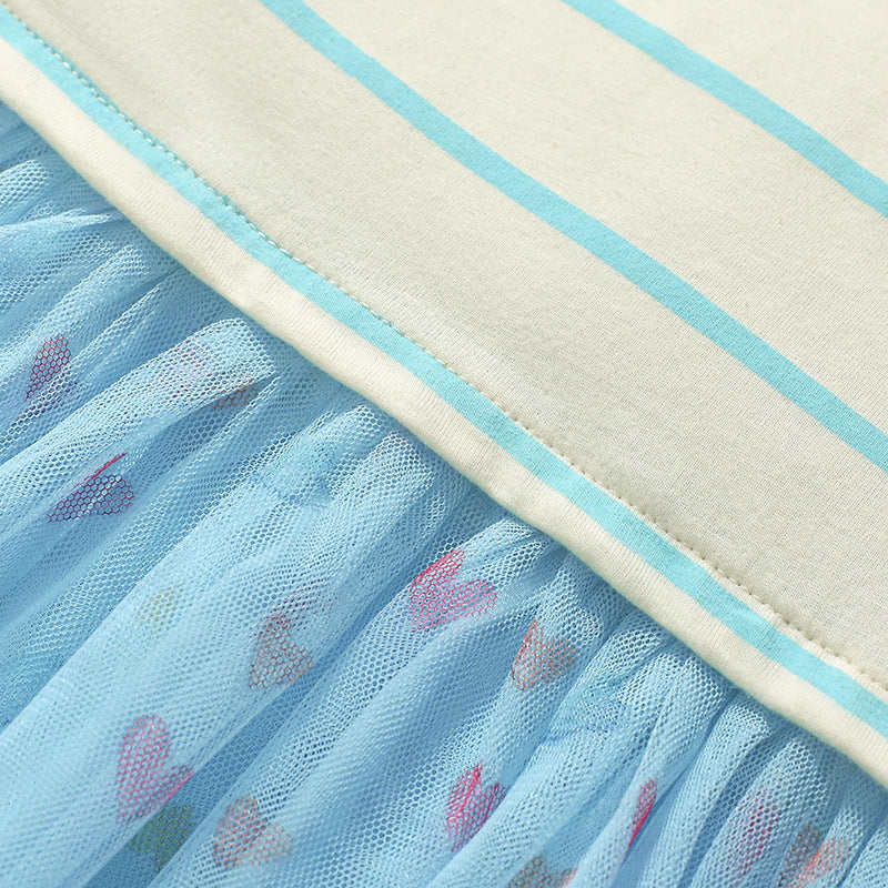 Summer Arrival Colorful Heart Pattern Short Sleeves Striped Dress for Stylish Girls