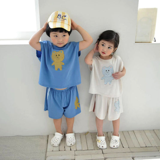 Summer Hot Selling Baby Kids Unisex Sleeveless Teddy Bear Printed T-shirt and Shorts Casual Clothing Set