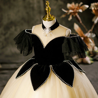 Princess Black Hostess Dress For Girls: Luxurious One-Shoulder Piano Performance Attire