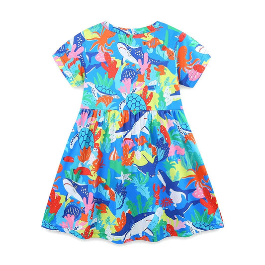 Summer Arrival Colorful Marine Pattern Short Sleeves Dress for Stylish Girls