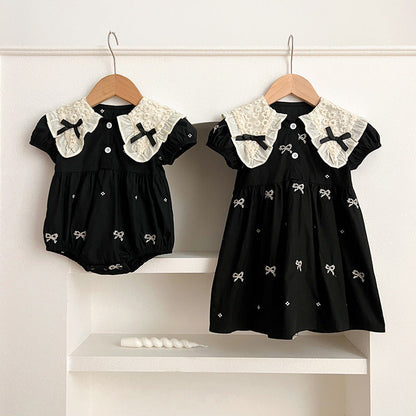 Design Summer Baby Kids Girls Floral Pattern Collar Short Sleeves Bows Embroidery Onesies And Girls’ Dress – Princess Sister Matching Set
