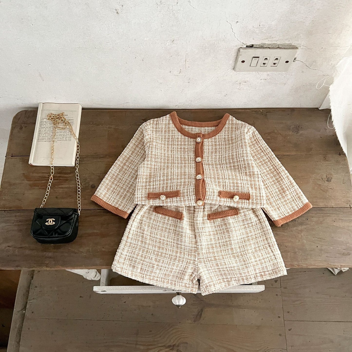 Spring Baby Kids Girls Plaid Cardigan And Shorts Clothing Set