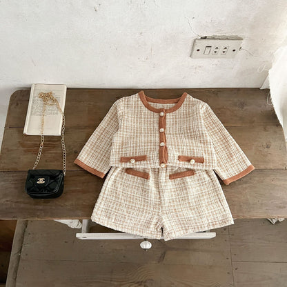 Spring Baby Kids Girls Plaid Cardigan And Shorts Clothing Set
