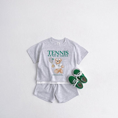 Summer Baby Kids Unisex Casual Letters and Teddy Bear Pattern Short Sleeves Top Shirt and Shorts Clothing Set
