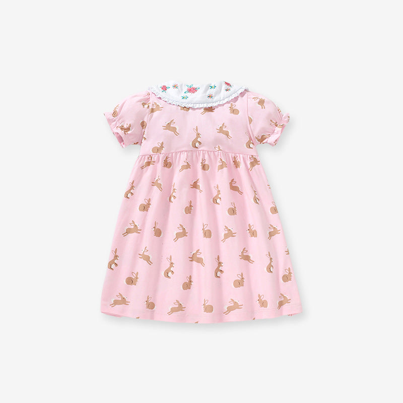 Baby Girls Peter Pan Floral Collar Short Sleeves Rabbits Pattern Dress