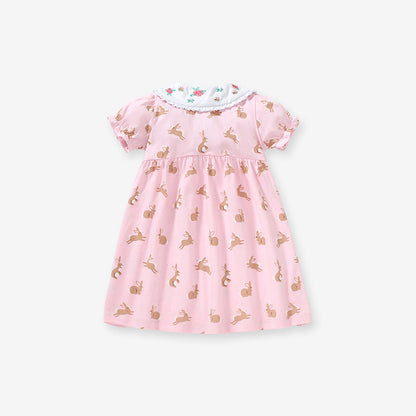 Baby Girls Peter Pan Floral Collar Short Sleeves Rabbits Pattern Dress