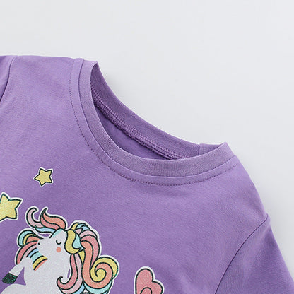 Summer Arrival Horse Cartoon Pattern Short Sleeves Tulle Design Cute Dress for Stylish Girls