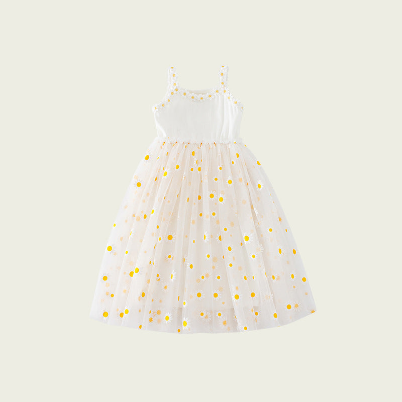 Summer Baby Kids Girls Sleeveless Floral Daisy Pattern Mesh Strap Dress