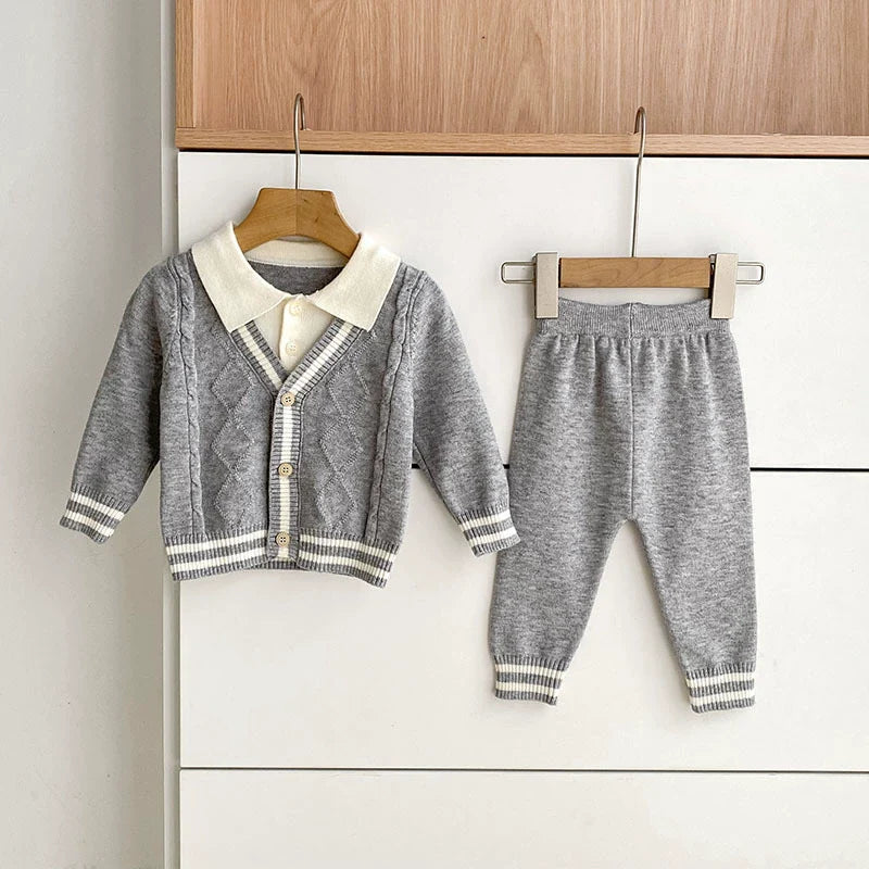 Arrival Autumn Baby Unisex Long Sleeves Color Patchwork Striped Pattern Knitted Top Cardigan and Long Trousers Clothing Set