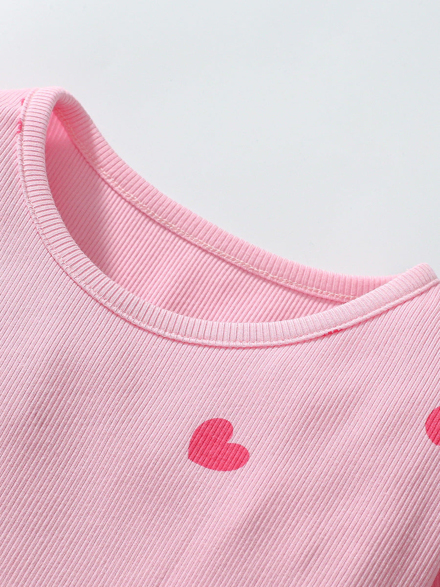 Arrival Autumn Girls Heart Print Crew Neck Long Sleeves Tulle Patchwork Dress