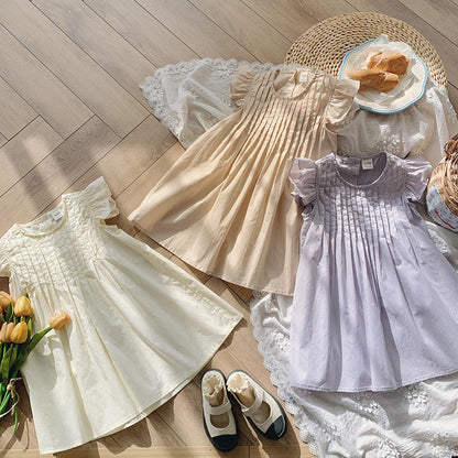 Summer Arrival Kids Girls Fly Sleeves Solid Color Pleated Dress