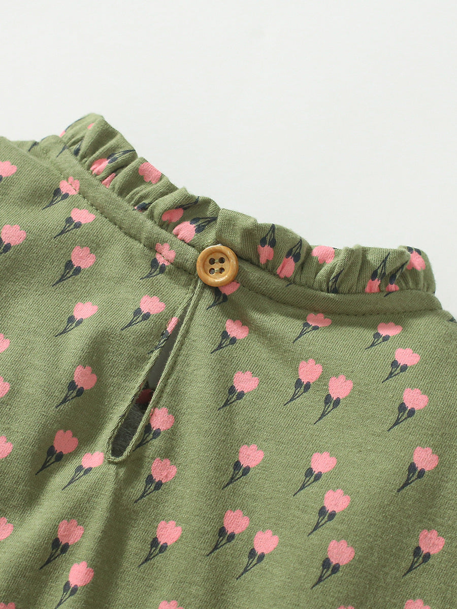 Baby Girls Flowers Print Army Green Sleeveless Dress