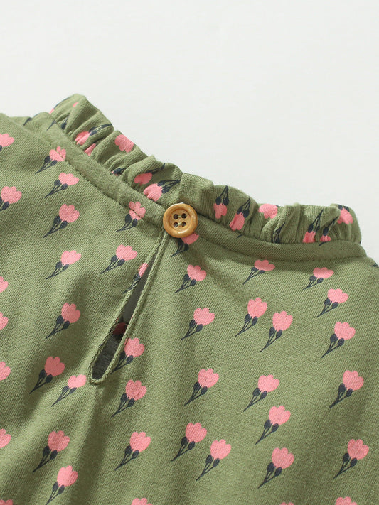 Baby Girls Flowers Print Army Green Sleeveless Dress