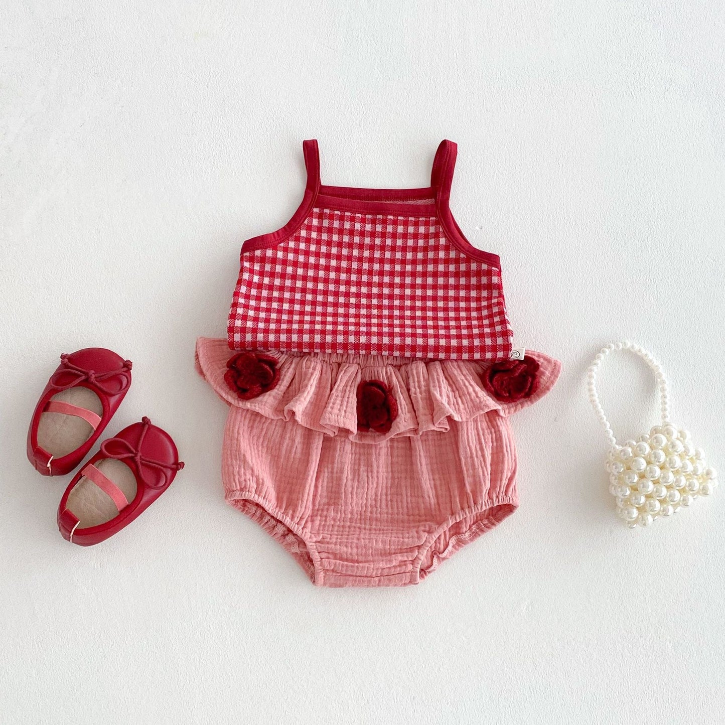 Summer Hot Selling Baby Girls Sleeveless Plaid Pattern Top Vest and Bloomers Clothing Set