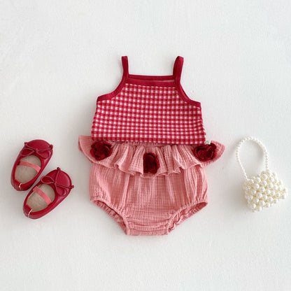 Summer Hot Selling Baby Girls Sleeveless Plaid Pattern Top Vest and Bloomers Clothing Set