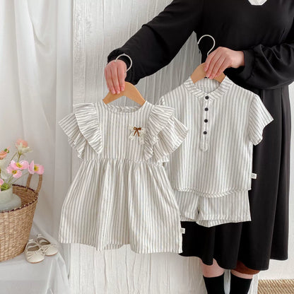 Summer Hot Selling Baby Kids Boys Short Sleeves Striped Pattern Top Shirt and Shorts Clothing Set