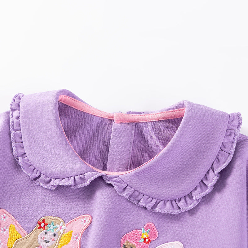 Spring and Autumn Girls Fairy Cartoon Pattern Long Sleeves Sweatshirt and Purple Pants Clothing Set