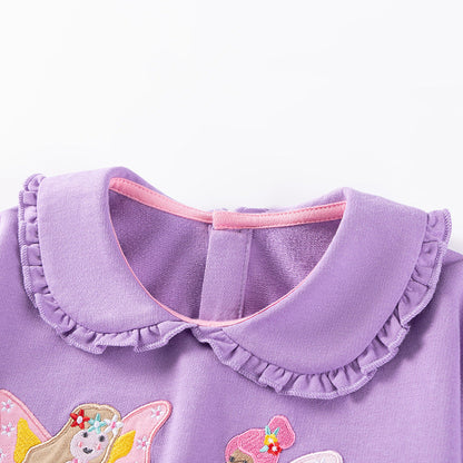 Spring and Autumn Girls Fairy Cartoon Pattern Long Sleeves Sweatshirt and Purple Pants Clothing Set