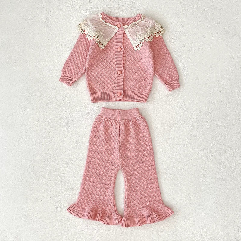 Arrival Autumn Baby Girls Long Sleeves Color Patchwork Geometric Jacquard Pattern Knitted Top Cardigan and Long Trousers Clothing Set