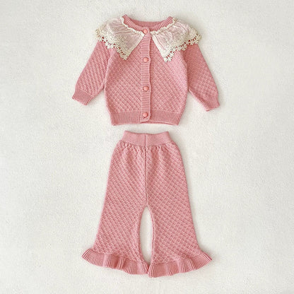 Arrival Autumn Baby Girls Long Sleeves Color Patchwork Geometric Jacquard Pattern Knitted Top Cardigan and Long Trousers Clothing Set
