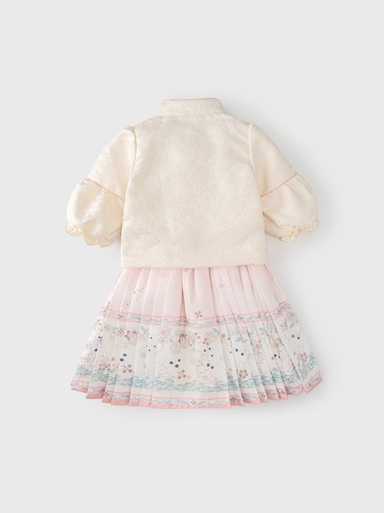 Autumn Arrival Baby Girls Simple Stand Collar Top and Rabbits Pattern Skirt Clothing Set