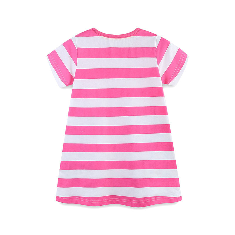 Summer Arrival Baby Girls Floral Leopards Pattern Short Sleeves Striped Dress