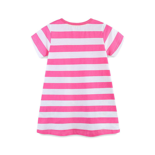 Summer Arrival Baby Girls Floral Leopards Pattern Short Sleeves Striped Dress