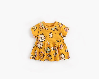 Baby Girls Cartoon Print Short-Sleeved O-Neck Dress In Summer