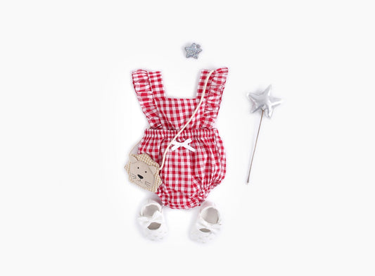 Baby Girl Doll Neck Solid Shirt & Red Plaid Graphic Bow Patched Bodysuit One Pieces Sets