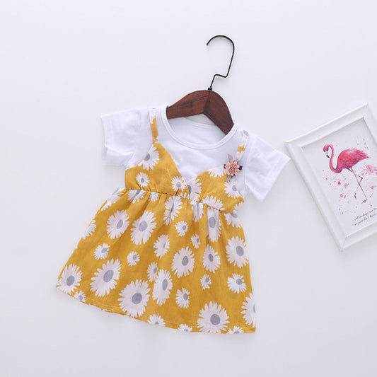 Baby Girl Little Daisy Print Pattern False Patchwork Design Round Collar Short-Sleeved Dress